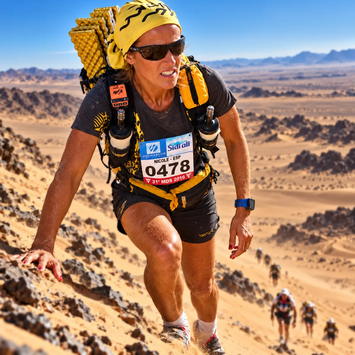Nicole climbing a dune at the Marathon des Sables 2016, bib 0478